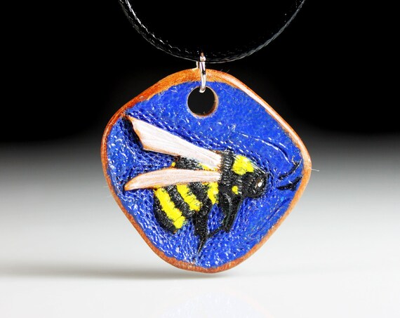 Leather Necklace, Hand Tooled Leather Pendant, Bee, Handmade