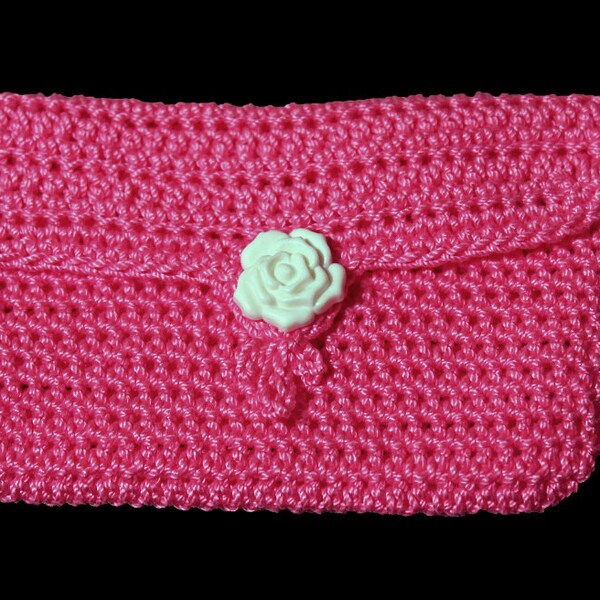 Pink Coin Purse, Coin Pouch, Change Purse, White Rose Button, Handmade, Crochet
