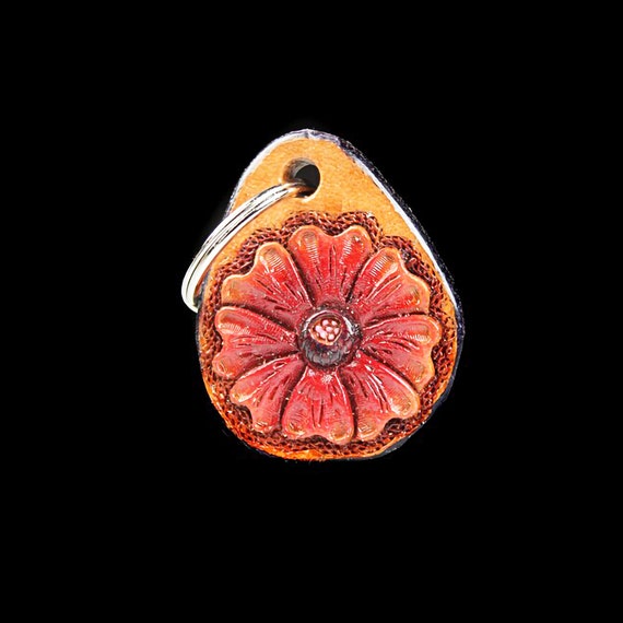 Floral Leather Keychain, Hand Tooled Leather, Purse Accessory, Zipper Pull, Adornment, Decoration