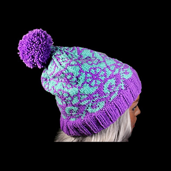 Winter Hat, Hand Knit, Fair Isle, Floral, Purple and Aqua, Pom Pom, Pull-On, Ski Hat