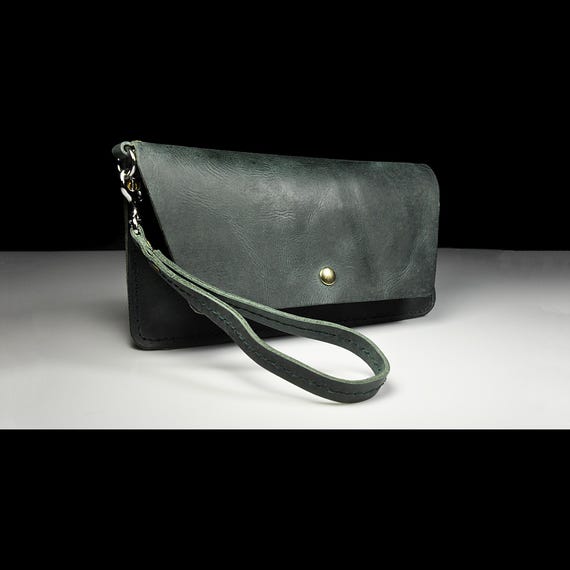 Handmade Dark Green Leather Wristlet – 10 Inch Clutch Purse with Snap Closure and Detachable Strap
