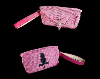 Pink Cat Wristlet, Handbag, Leather Interior, Leather Handbag, Crochet Handbag, Rhinestone Button, Original Design, Boho Chic