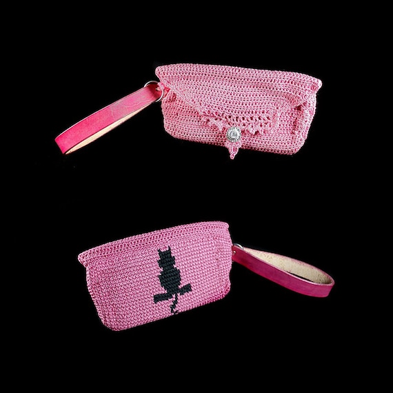 Pink Cat Wristlet, Handbag, Leather Interior, Leather Handbag, Crochet Handbag, Rhinestone Button, Original Design, Boho Chic