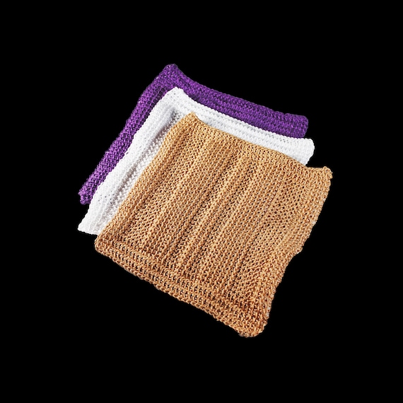 Handmade Crochet Dishcloths - Set of 3, 100% Cotton, Dark Purple White and Copper Square Cloths, Eco-Friendly Kitchen Essentials