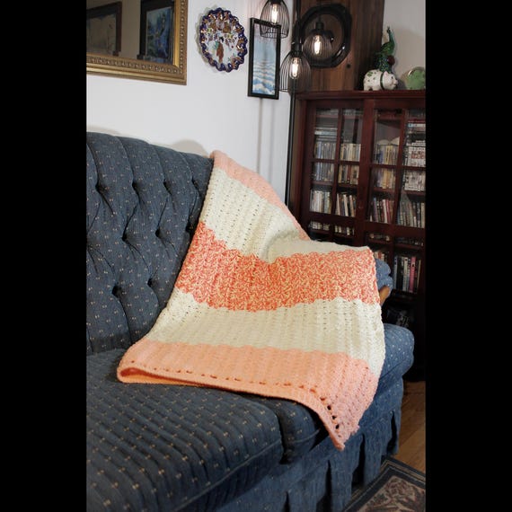 Handmade Crochet Throw Blanket – Peach, Off-White & Tangerine Twist – Soft Acrylic Blanket – 50 Inches by 54 Inches Shell Stitch Afghan
