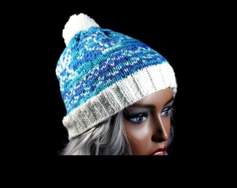 Hand Knit Fair Isle Beanie, Ocean Inspired Pom Pom Hat - Etsy display picture 1