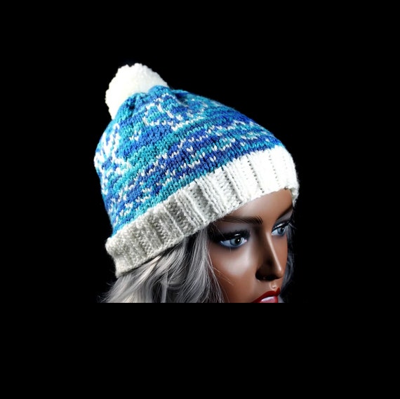 Women's Winter Hat, Hand Knit, Fair Isle Pattern of Shells and Starfish, Pom Pom, Multicolored, Pull-On, Ski Hat