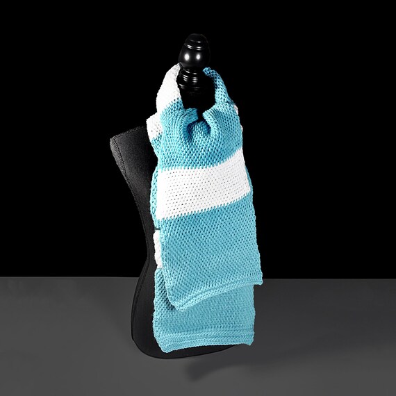 Handmade Turquoise and White Crochet Winter Scarf, 68” x 10”, Cozy and Stylish Striped Scarf