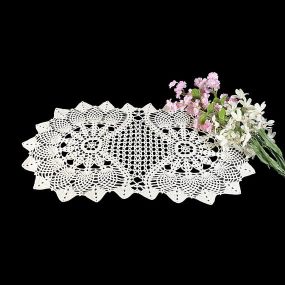 Handmade Mercerized Cotton Crochet Doily – Oval Table Topper – 20 Inches x 11 Inches – Lace Centerpiece – Ecru Color - Heirloom Quality