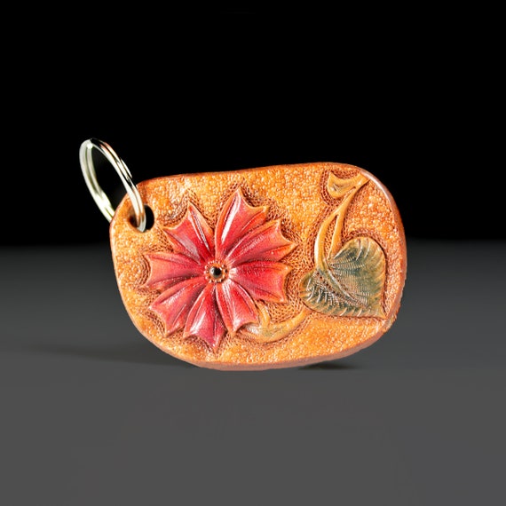 Leather Keychain Flower and Leaf, Hand Tooled Leather, Purse Accessory, Zipper Pull, Adornment, Decoration