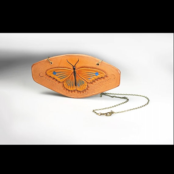 Large Butterfly Leather Necklace, Hand Tooled Leather Pendant, Floral, Handmade, Copper Tone Chain