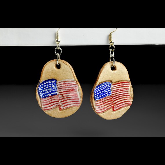 Hand-Tooled Leather Earrings, Hand-Painted American Flag Design, Lightweight Patriotic Jewelry