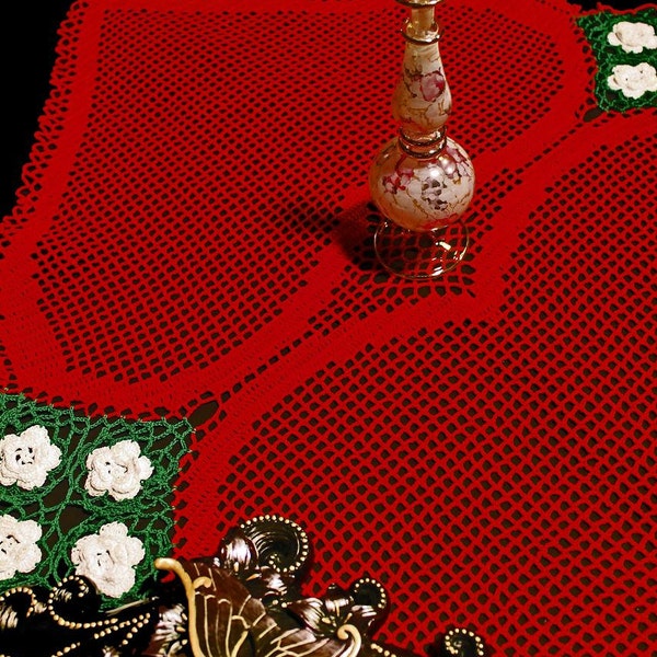 Crochet Doily, Handmade, Red Heart With White Roses, Heart to Heart