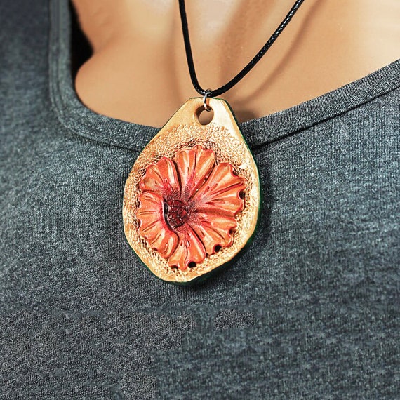 Leather Necklace, Hand Tooled Leather Pendant, Red Floral, Handmade