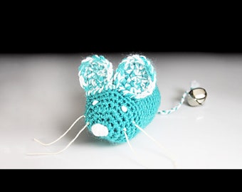 Cat Toy, Catnip Mouse, Mouse With Bell, Aqua and White, Crocheted, Pet Toy, Organic Catnip, Pet Accessory