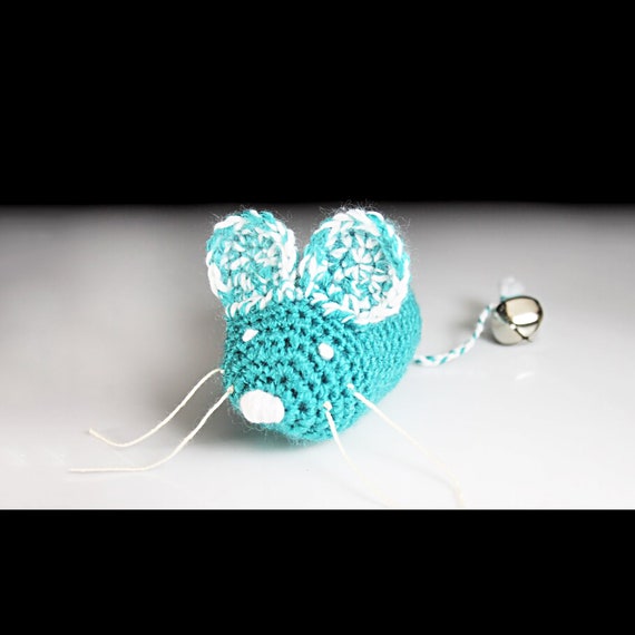 Cat Toy, Catnip Mouse, Mouse With Bell, Aqua and White, Crocheted, Pet Toy, Organic Catnip, Pet Accessory