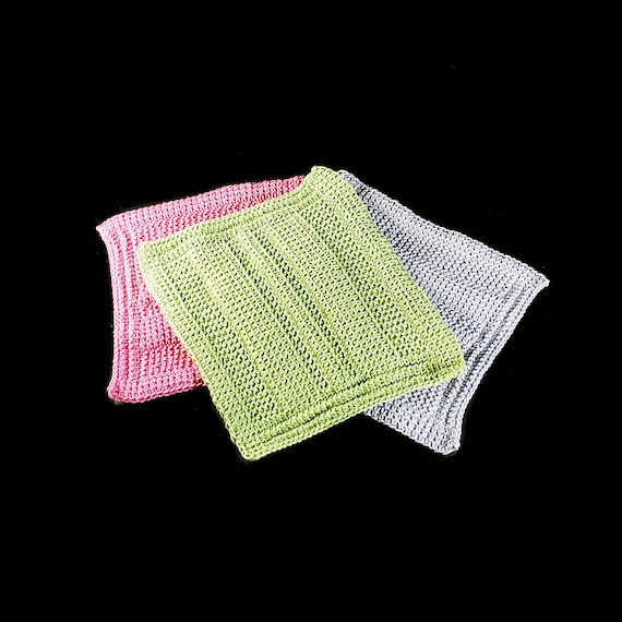 Crochet Dishcloths, Square Cloths, Handmade, 100% Cotton Thread, Green Gray & Pink, Set of 3