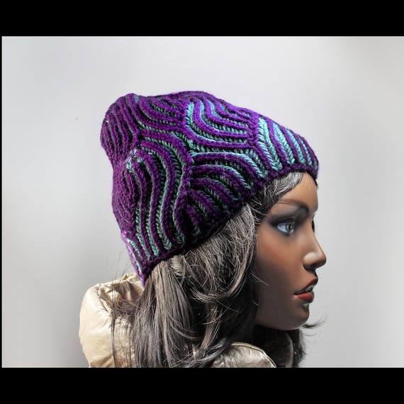 Hand-Knit Brioche Hat in Purple and Teal – Soft Warm Winter Beanie with Swirled Texture – Artisan Knit Cap for Women or Teens