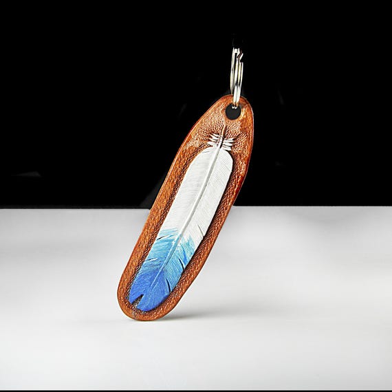Hand-Tooled Leather Feather Keychain with Hand-Painted Blue & White Design