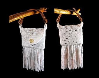 Top Handle White Beaded and Fringed Bag, Bohemian, Hand Tooled Leather Handle