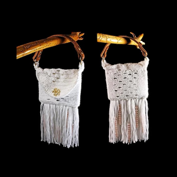 Top Handle White Beaded and Fringed Bag, Bohemian, Hand Tooled Leather Handle