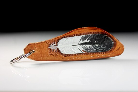 Leather Keychain, Hand Tooled Leather, Feather, Purse Accessory, Zipper Pull, Adornment, Decoration