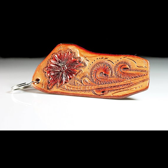 Leather Keychain, Hand Tooled Leather, Red Floral, Scroll Foliage, Purse Accessory, Zipper Pull, Adornment, Decoration