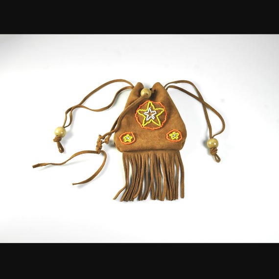 Handmade Leather Wristlet Pouch with Beaded Star Design and Fringe, Boho Festival Bag with Wooden Beads
