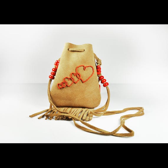 Handmade Leather Pouch with Red Beaded Hearts and Fringe – Small Crossbody Bag with Red Accent Beads