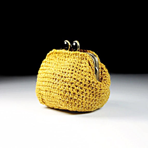 Crochet Coin Purse, Gold, Kiss Closure, Metal Goldtone Frame, Coin Pouch, Handmade