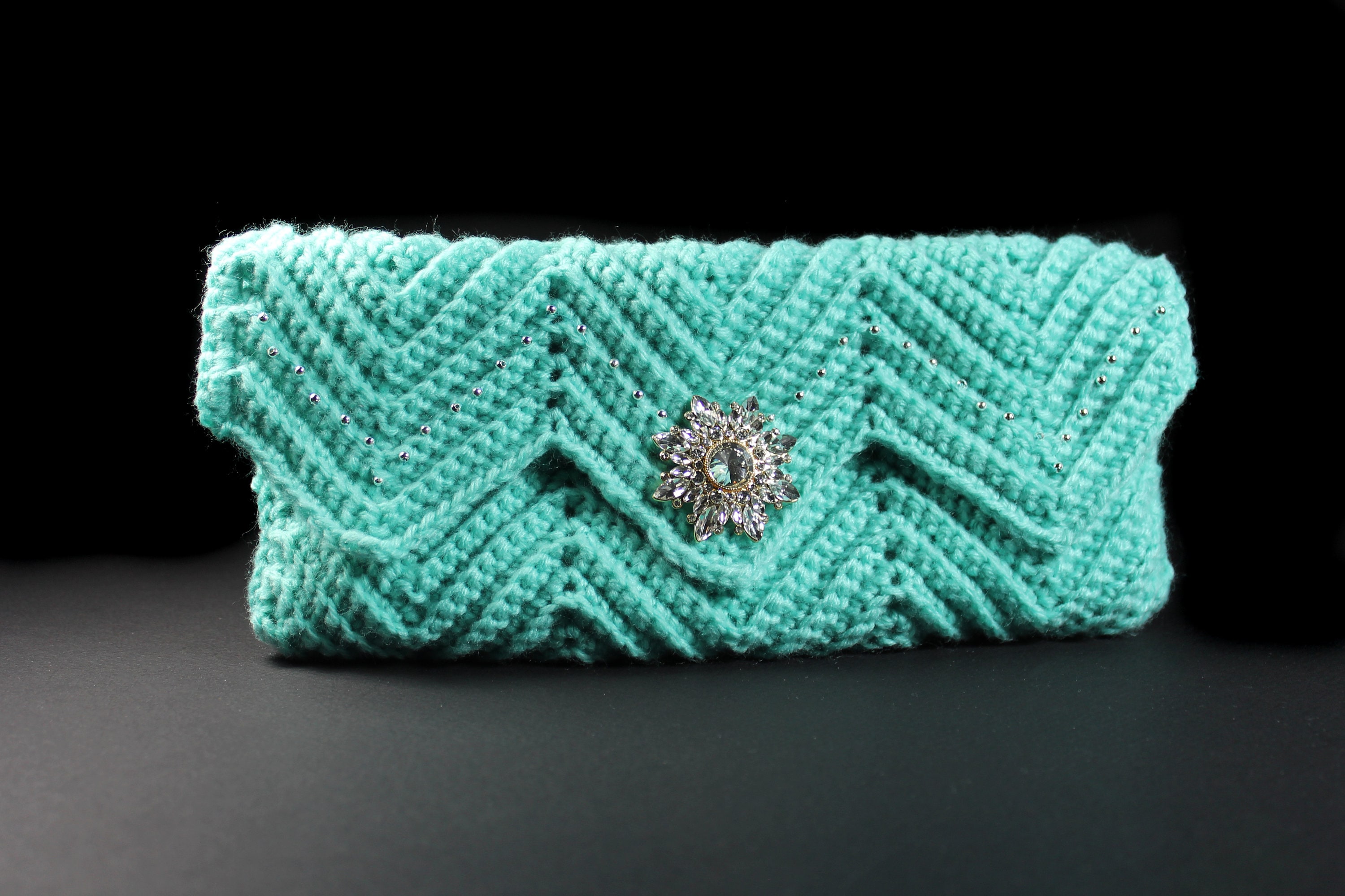 Crochet Clutch Purse, Ivory Velvet Lined, Aqua, Rhinestone Button ...