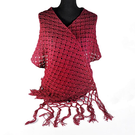 Handmade Crochet Maroon Shawl with Fringe – Spider Stitch Scarf - 82 Inch Length
