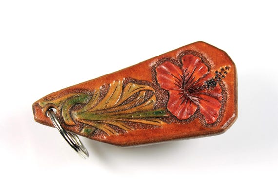 Leather Keychain, Hand Tooled Leather, Flower Keychain, Purse Accessory, Zipper Pull, Adornment, Decoration