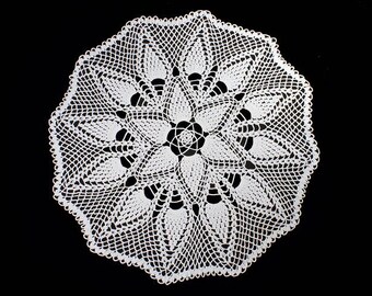 White Crochet Doily, 22 inches, Round, Tablecloth, Fine Art Crochet, Pinecone