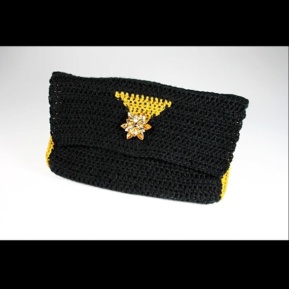 Crochet Clutch Purse, Leather Lined, Black and Gold, Rhinestone Button Adornment, Magnetic Closure, Women's Gift