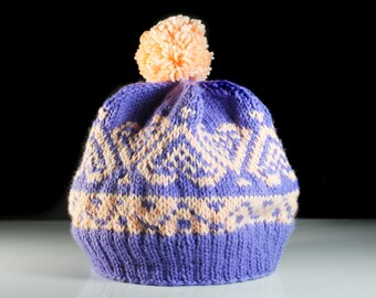 Winter Hat, Hand Knit, Fair Isle, Hearts, Purple and Peach, Pom Pom, Pull-On, Ski Hat