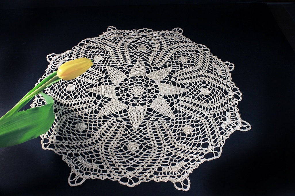 Crochet Doily, Ecru, Natural, Cotton, 21.5 inches, Round, Fine Art Crochet, Table Mat