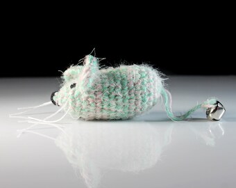 Cat Toy, Catnip Mouse, Mouse With Bell, Green and Pink, Crocheted, Pet Toy, Organic Catnip, Pet Accessory