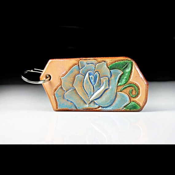 Leather Keychain, Hand Tooled Leather, Blue Rose Keychain, Purse Accessory, Zipper Pull, Adornment, Decoration