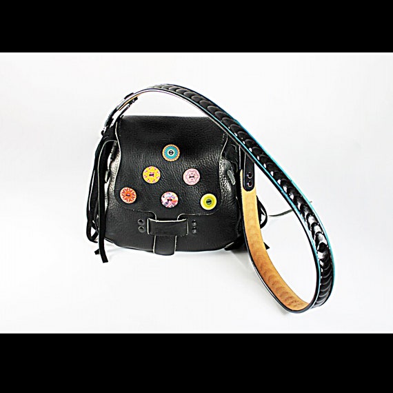 Fringed Black Leather Handbag, Shoulder Bag, Button Adornment, One of A Kind, Hand Tooled Leather Strap
