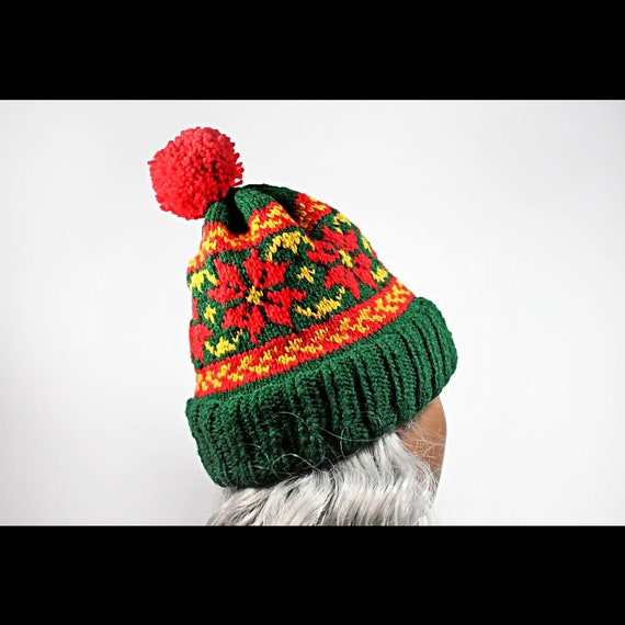 Holiday Winter Hat, Fairisle Poinsettia, Christmas Colors, Pull On, Ski Hat