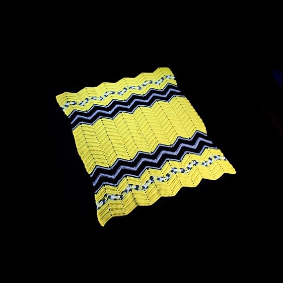 Crochet Ripple Blanket, Yellow and Black, Throw, Small, Handmade, Lap Blanket