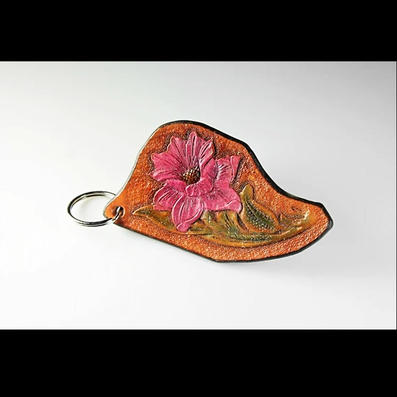 Leather Keychain, Hand Tooled Leather, Purple Floral, Green Foliage, Purse Accessory, Zipper Pull, Adornment, Decoration