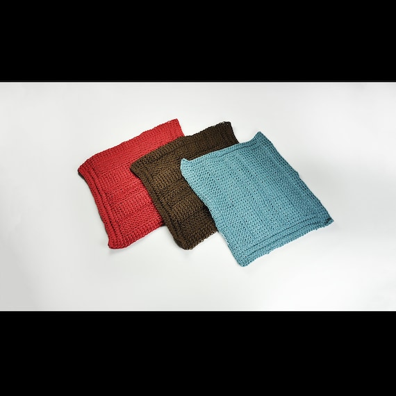 Handmade Crochet Dishcloths Set of 3 - 100% Cotton, Red, Brown, and Turquoise Square Cloths