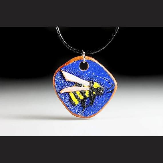 Leather Necklace, Hand Tooled Leather Pendant, Bee, Handmade