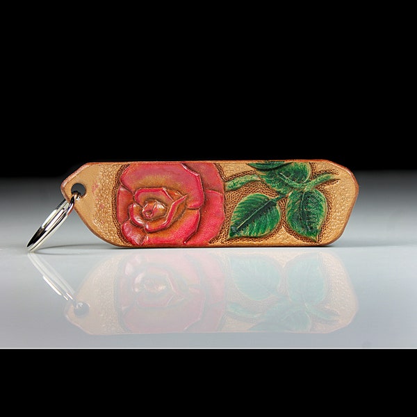 Leather Keychain, Hand Tooled Leather, Rose Keychain, Purse Accessory, Zipper Pull, Adornment, Decoration, 4.5 Inch