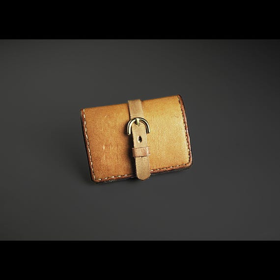 Handmade Leather Business Card Case - Brown Strap Over Credit Card Holder - Elegant Gift for Business Professionals