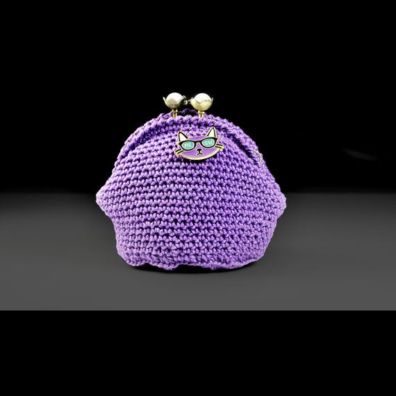 Crochet Coin Purse with Cat Button - Purple with Pearl White Beaded Kiss Clasp, Handmade, Cute Animal Themed Accessory