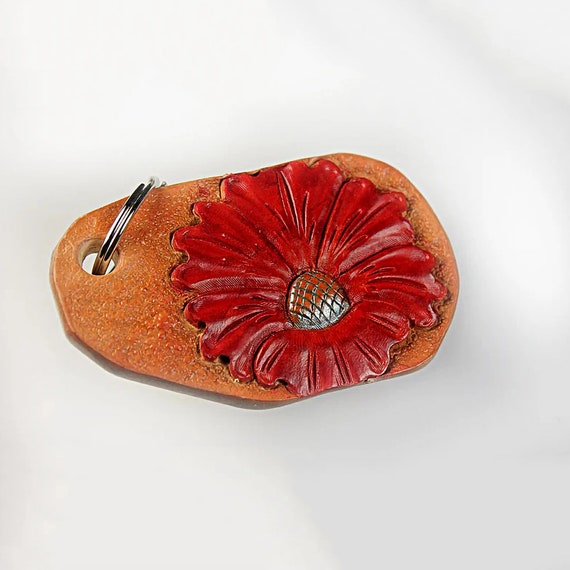 Hand Tooled Leather Flower Keychain, Purse Accessory & Zipper Pull, Decorative Leather Adornment