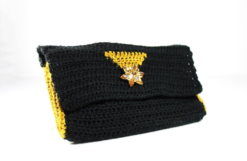 Crochet Clutch Purse, Leather Lined, Black and Gold, Rhinestone Button Adornment, Magnetic Closure, Women's Gift image 9